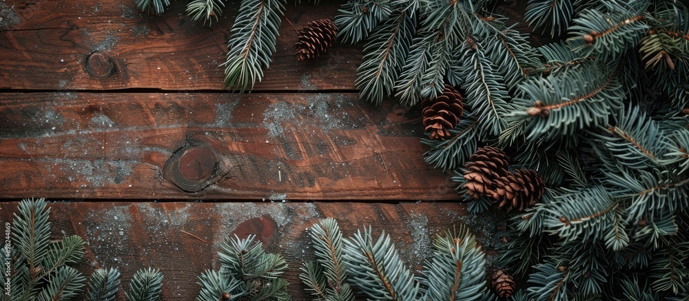 Aufkleber Coniferous spruce and pine fur branches on a brown wooden backdrop create a rustic atmosphere with copy space image