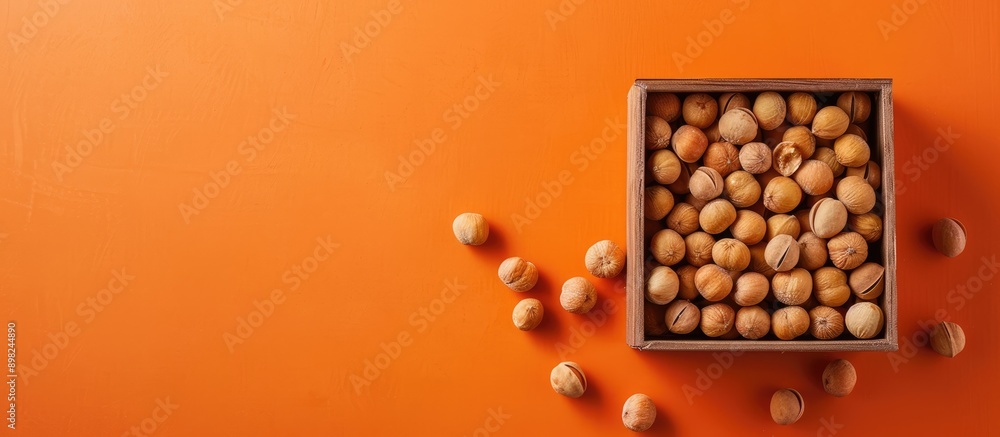 Poster A box of natural macadamia nuts on an orange background captured from above with ample copy space image
