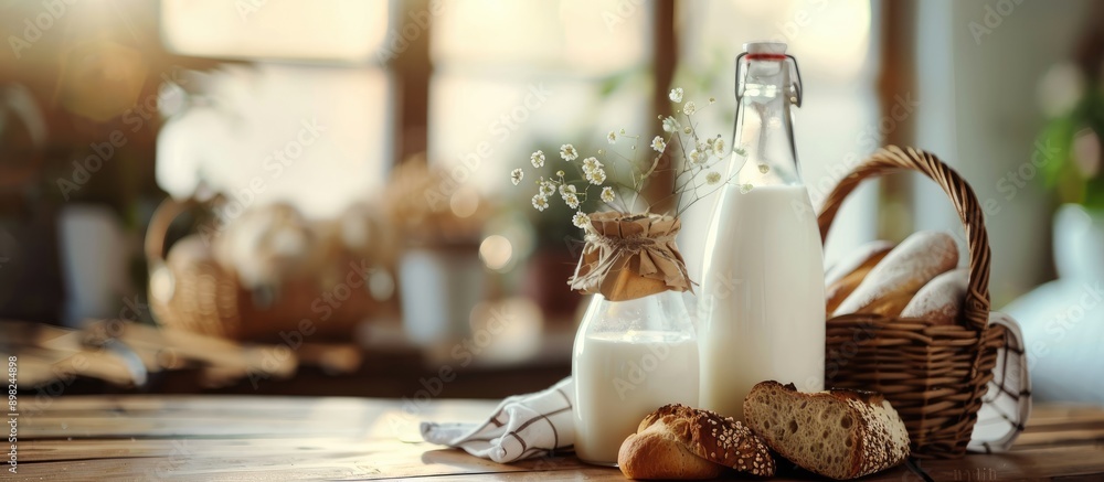 Aufkleber Breakfast set on a wooden table with a bottle of milk and bread in a basket creating a cozy presentation with a copy space image
