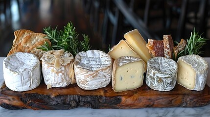 Assortment of cheese on wooden board. This photo is perfect for a blog post about cheese pairing or a restaurant menu.