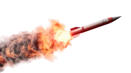A missile rocket with fire trail isolated on transparent white background, clipping path