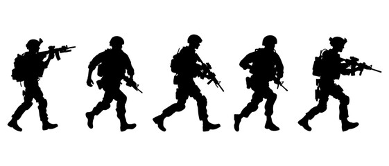 Soldier with weapon. Silhouette collection of running male soldier carrying machine gun black filled vector Illustration icon.