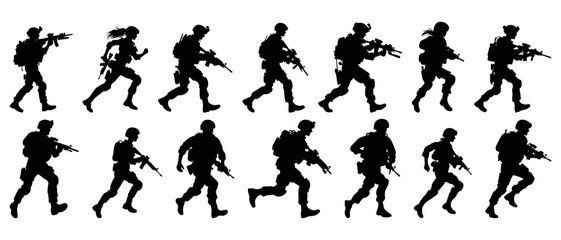 Male and female Soldier with gun. Silhouette collection of running soldier carrying machine gun weapon black filled vector Illustration icon.