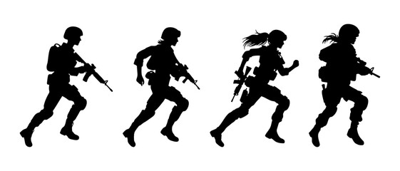 Soldier with gun. Silhouette collection of running male soldier carrying machine gun weapon black filled vector Illustration icon.