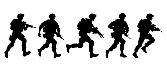 Soldier in action. Silhouette collection of running male soldier carrying machine gun weapon black filled vector Illustration icon.