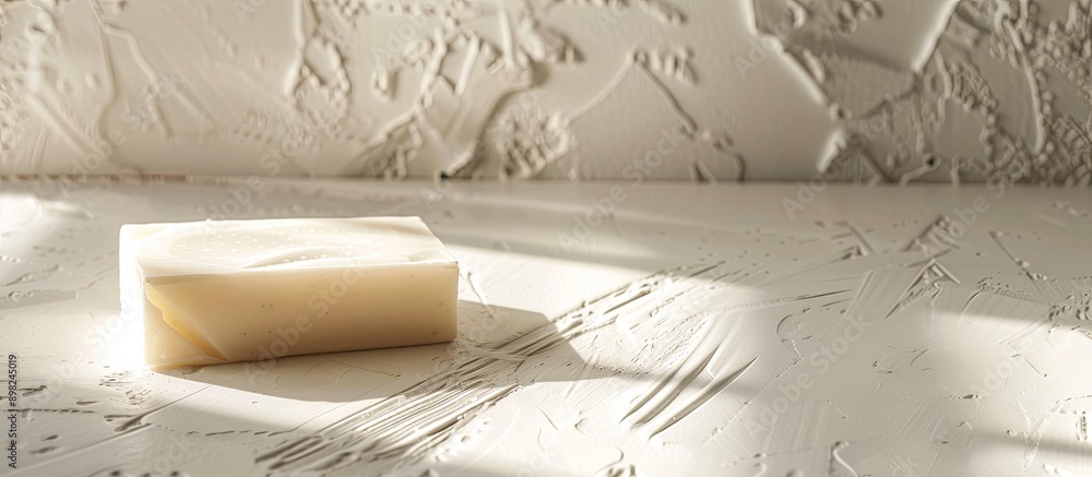 Poster Displaying a bar of white soap against a white backdrop for a copy space image