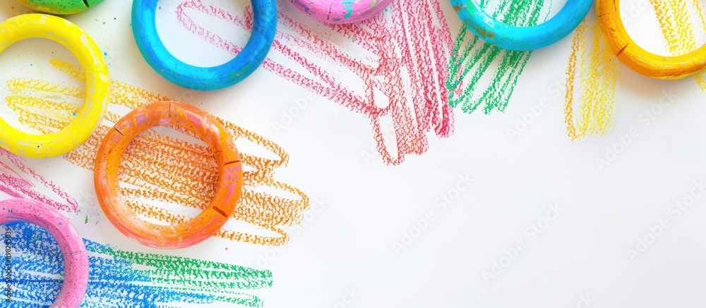 Aufkleber colorful pastel chalk circles drawn from a top view on a white background with copy space image