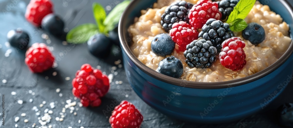 Poster a bowl of oatmeal porridge topped with colorful fresh berries is featured in the copy space image