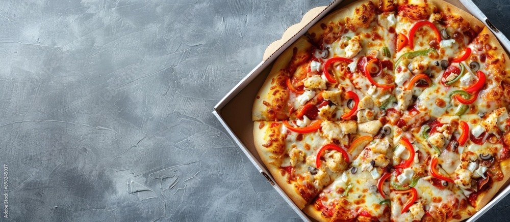 Poster chicken tomato pepper cheese and sauce pizza in a box viewed from above with a horizontal orientatio