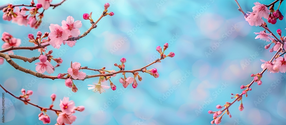 Poster cherry tree branches with early spring buds set against a blue sky outdoors create a serene spring b