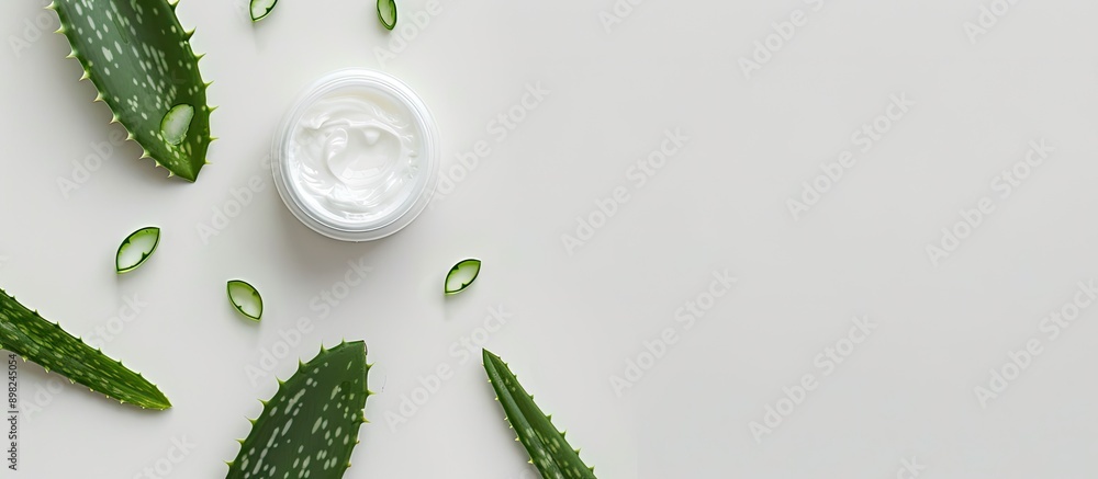 Poster top down view of organic cream with aloe set against a white backdrop in a copy space image