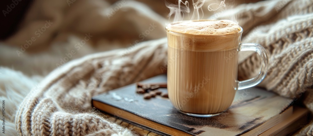 Aufkleber coffee concept with a steaming latte in a glass cup placed on a book background is a sweater with co