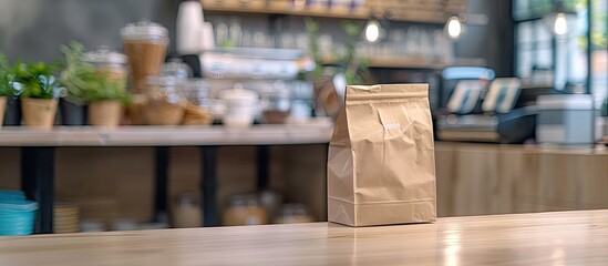 A dessert paper bag is placed on the counter of a modern cafe with copy space image ready for a customer in a food delivery cafe restaurant or for takeaway food