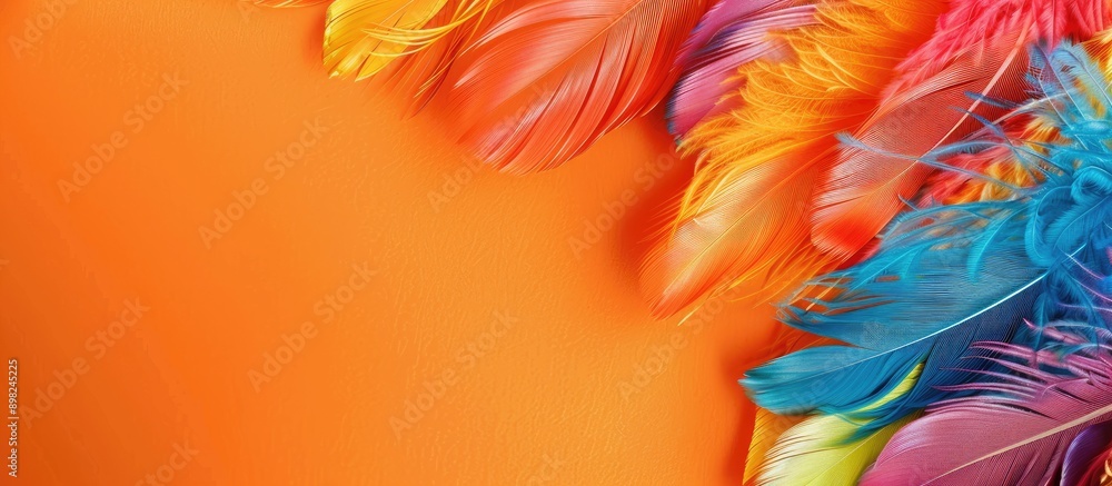 Poster colorful feathers displayed on a vibrant orange backdrop create an eye catching poster for the carni