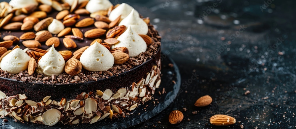 Poster Close up side view of a delectable cake featuring nuts almonds and both black and white chocolate on a dark background with ample copy space image