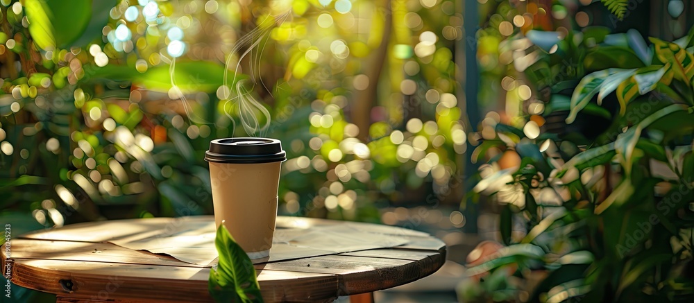 Poster A close up photo of a disposable coffee cup on a wooden table surrounded by a lush garden setting featuring a steaming cappuccino with a dark lid on top and available space for additional elements in