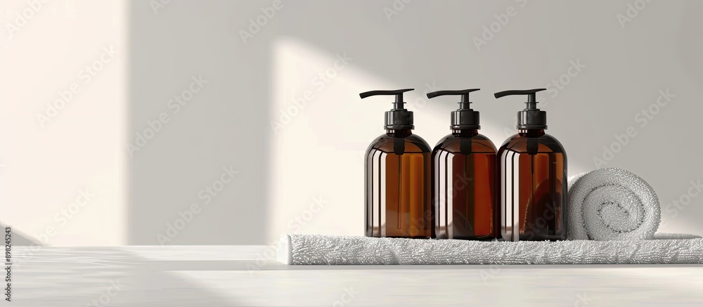 Poster brown bottles with dispenser pumps displayed on a white towel with copy space image for a banner moc