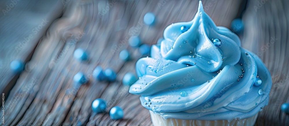 Poster Close up blue meringue on a wooden backdrop with a macro copy space image