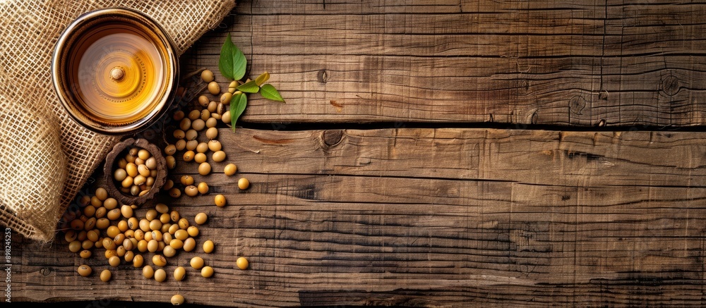 Aufkleber A composition showcasing soybean oil placed on a wooden table creating an inviting scene with copy space image