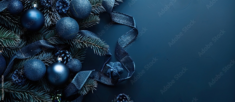 Aufkleber a dark blue background featuring a christmas tree adorned with blue ball ornaments and ribbons creat