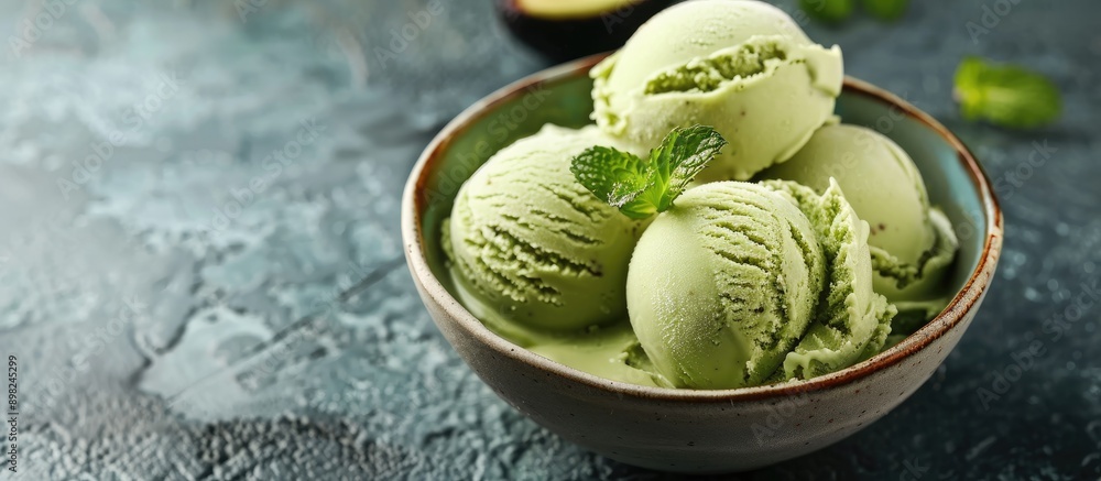 Poster avocado flavored ice cream ready to eat garnished with a mint leaf in a copy space image