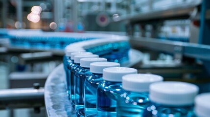 Production line with blue bottles in a factory