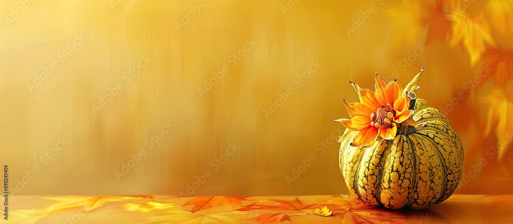 Poster autumn themed design featuring a gourd with a flower highlighted in the corner against a yellow back
