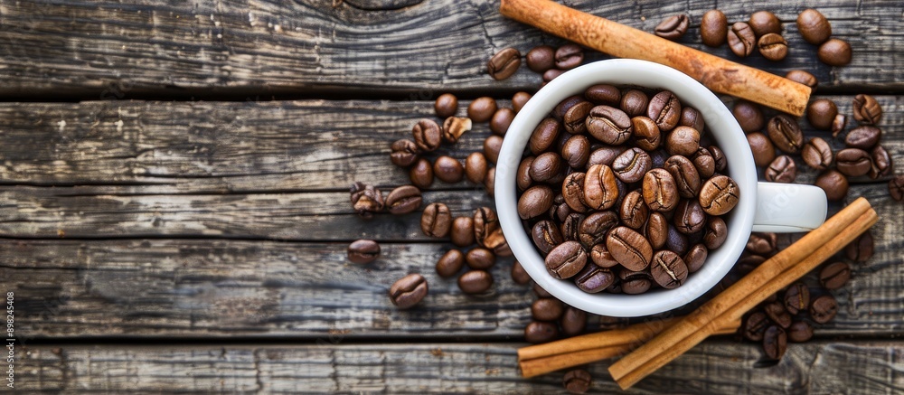 Poster top down view of coffee beans in a white cup with cinnamon sticks placed on a wooden table allowing 