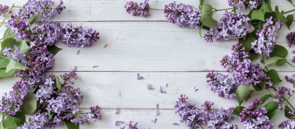 Poster top down view of lilac flowers set against a white wooden backdrop with ample space for text or grap