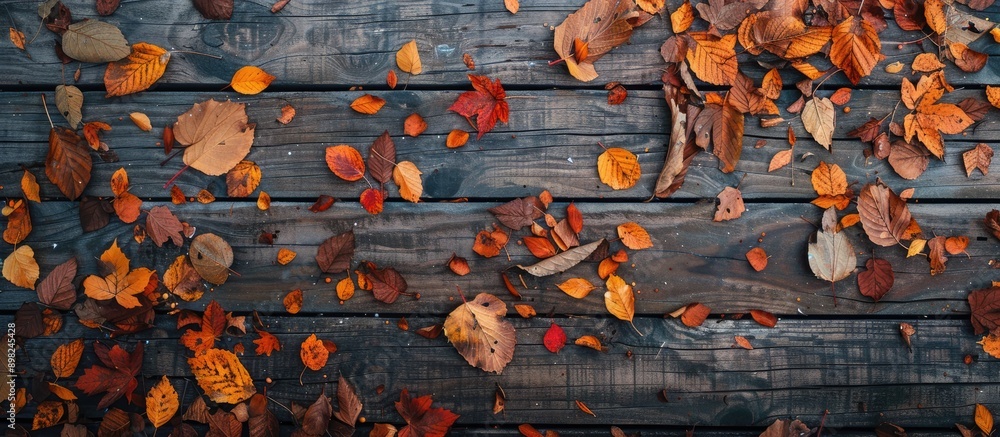 Aufkleber aerial view of a wooden surface covered with autumn leaves ideal for a copy space image