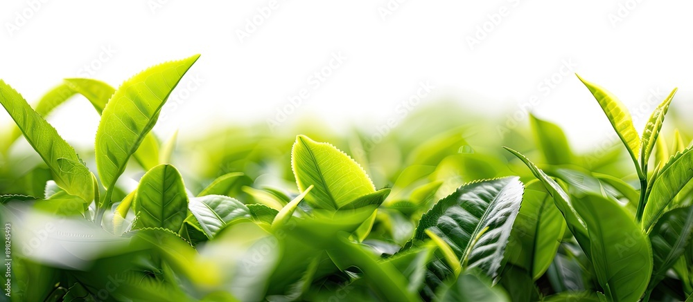 Poster a close up of fresh green tea leaves shot against a white background from an organic tea plantation 
