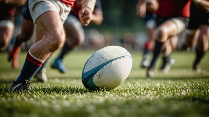 Rugby ball on grass rugby pitch with male players in the background, close up. Rugby sport on stadium with sportsmen running towards ball