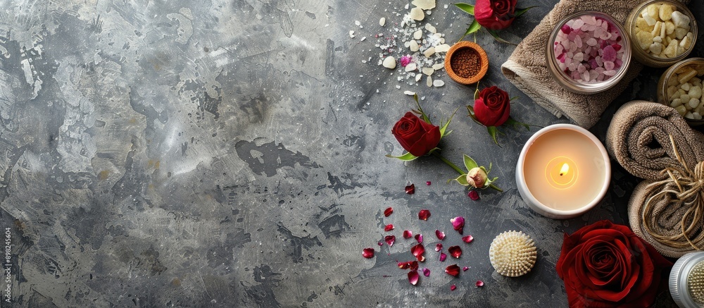 Poster A flat lay arrangement with spa items roses and a lit candle on a textured grey surface featuring a copy space image