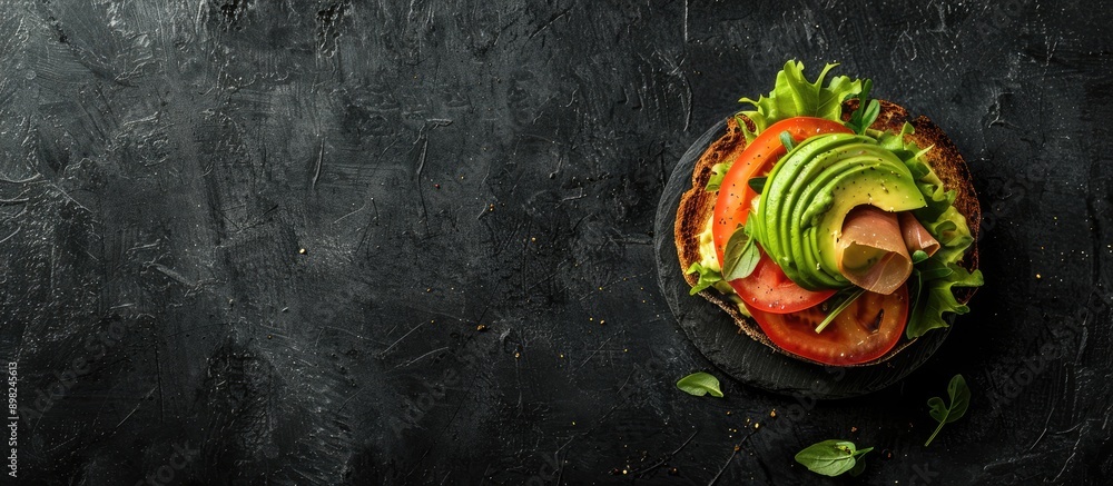 Aufkleber Avocado toast presented on a black textured background with space for additional visuals