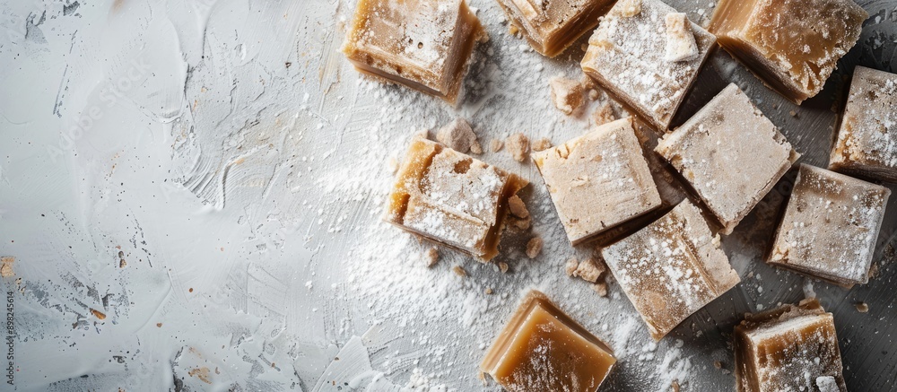 Poster top down view of delectable halva pieces on a light gray surface with ample copy space image availab