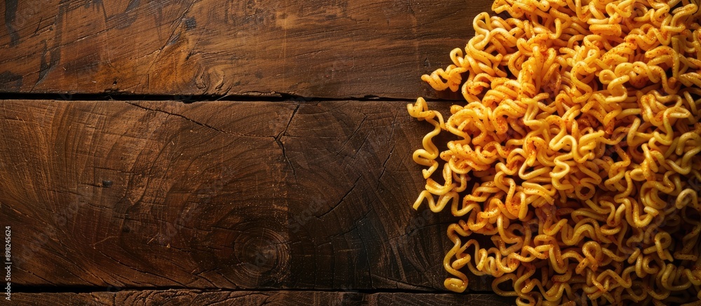 Poster A close up of spicy instant noodle paste on a wooden surface as a copy space image ready for consumption