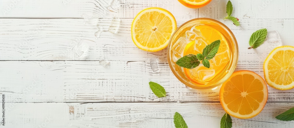 Poster top down view of a delightful peach lemonade with sparkling water on a white wooden surface with roo