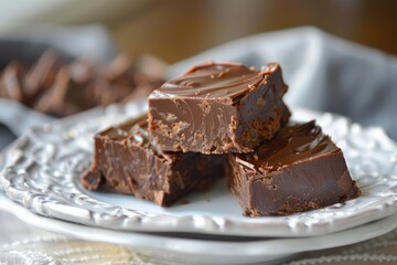 Chocolate fudge squares on a plate. Perfect for use in food blogs, recipes, and articles about desserts.