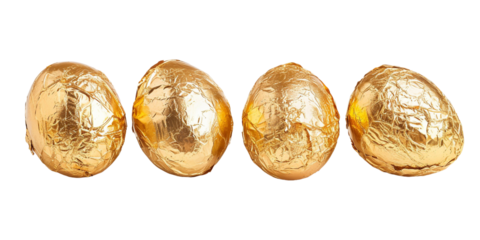 Chocolate eggs wrapped in gold foil on white or transparent background