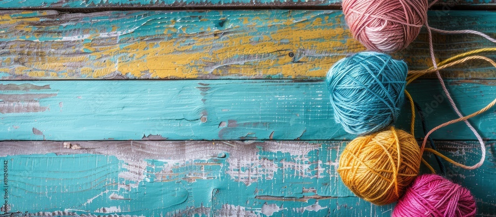Poster colorful threads used for decoration on a vibrant wooden backdrop perfect for a copy space image