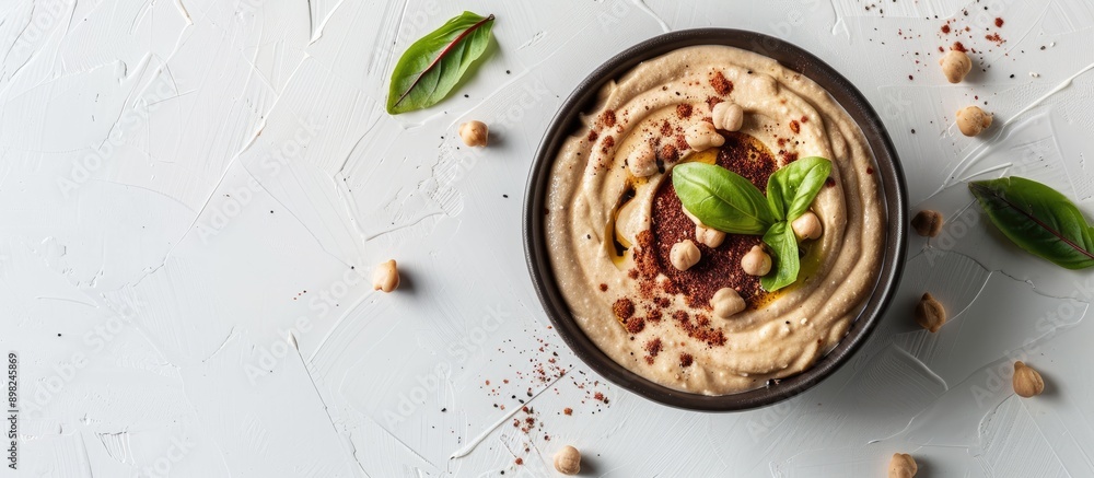 Poster adzuki bean tahini dip with copy space image on a white backdrop