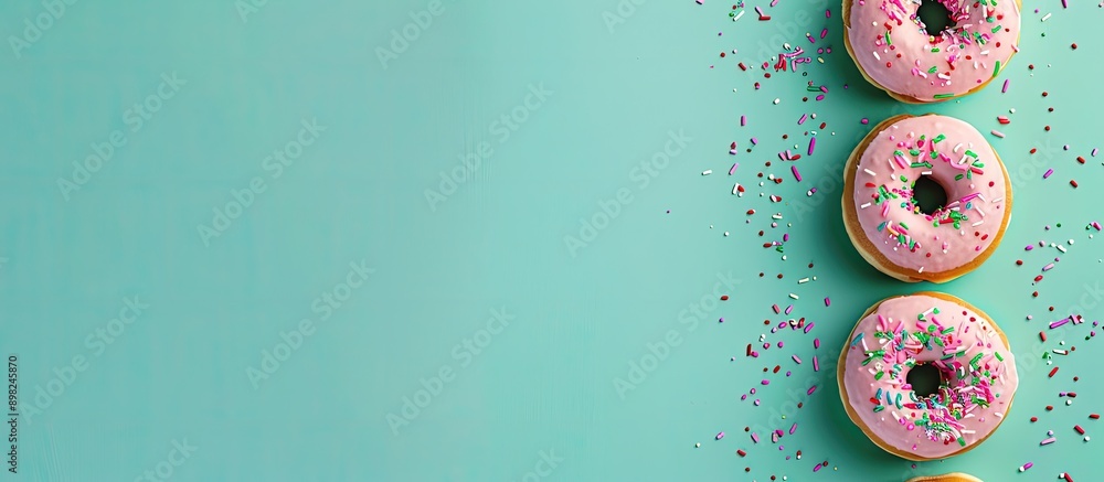 Leinwandbilder donuts displayed against a green background and a space for text or other graphics. creative banner.