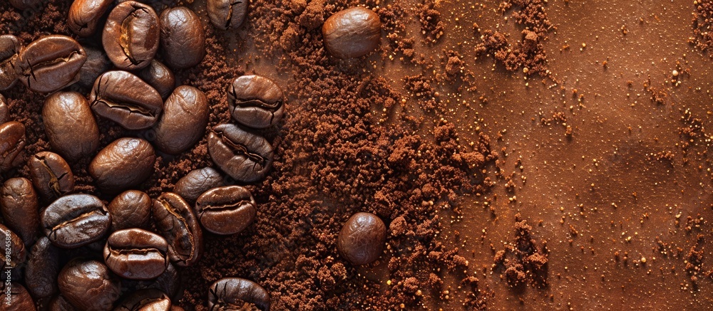 Poster Coffee bean grounds displayed on a copy space image for advertising