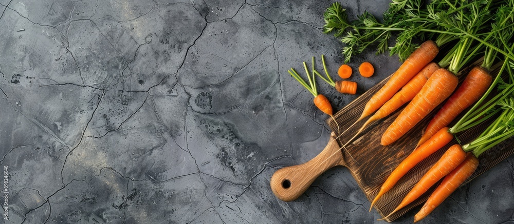 Poster Carrots and slices on a wooden board against a grey tile background with open space for images. Creative banner. Copyspace image