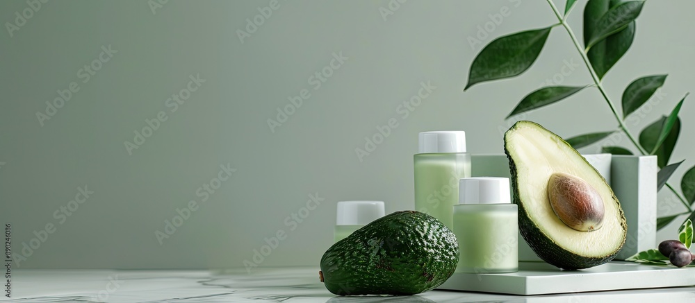 Poster a composition showcasing a fresh avocado and cosmetic product jars on a light background with copy s