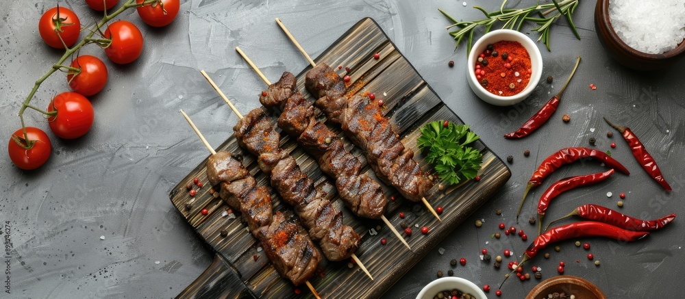 Aufkleber top view of a beef kebab on a cutting board with bbq seasoning tomato and spices on a gray backgroun