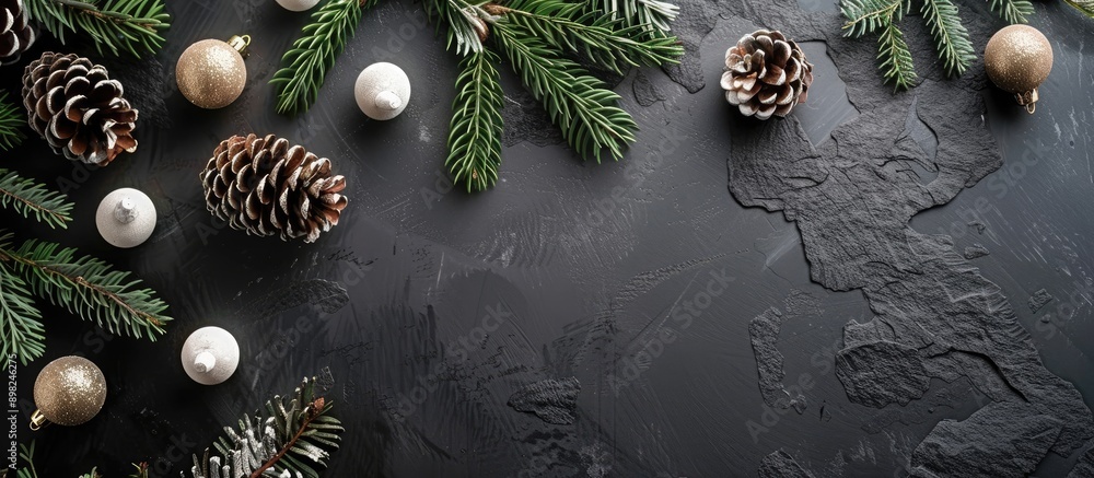 Leinwandbilder flat lay with christmas tree branches cones and white balls set against a black stone plate backgrou