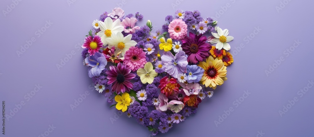 Poster Flat lay composition featuring a lovely heart design crafted from various flowers set against a violet background with room for text in the copy space image