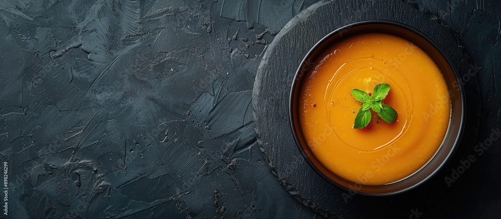 Aufkleber Top view of a classic pumpkin soup presented on a dark slate table with ample copy space image