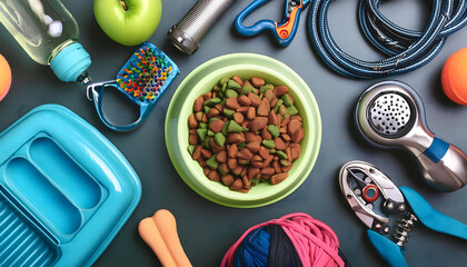 Assortment of Colorful Pet Supplies on a Wooden Tabletop